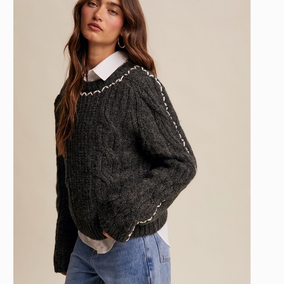 Listicle “ Theresa “ Listicle Braided Knit Sweater with Decorative Stitch 44 - Picture 6 of 11